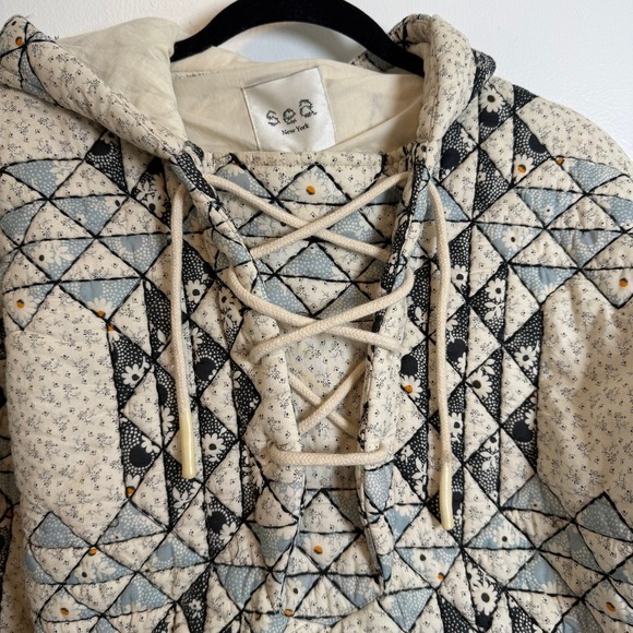 Sea New York Clemence Quilted Printed Patchwork Laced Hoodie Jacket Size S - Picture 3 of 11